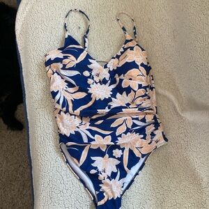 Blue and Cream One Piece Swimsuit with Floral Design